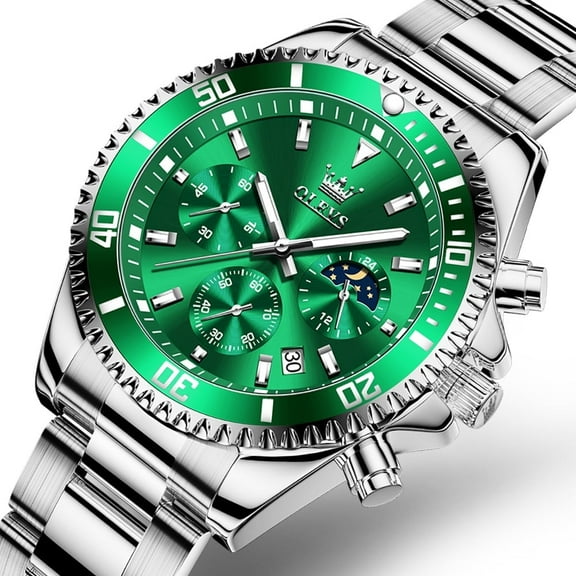 OLEVS Mens Chronograph Watch Green/Silver 42.5mm Outdoor Watch, Stainless Steel Strap 2870