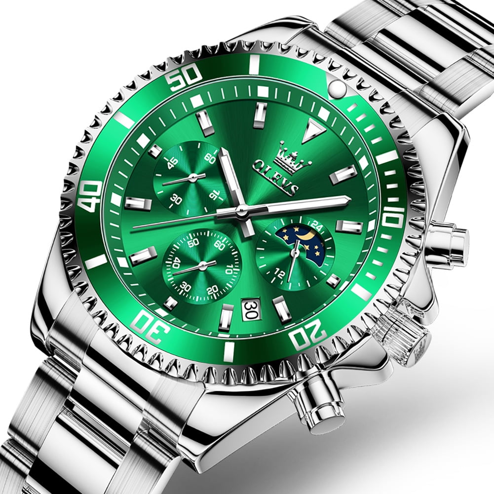OLEVS Mens Chronograph Watch Green/Silver 42.5mm Outdoor Watch ...