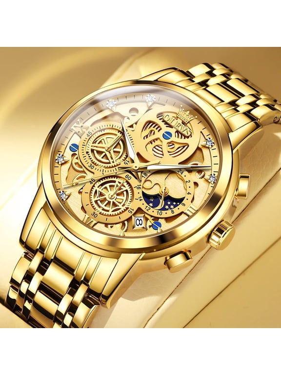 Watches for Men Business Dress Luxury Analog Quartz Chronograph Two Tone Gold Plated Stainless Steel Waterproof Luminous Date Casual Mens Wrist Watches Reloj Para Hombre