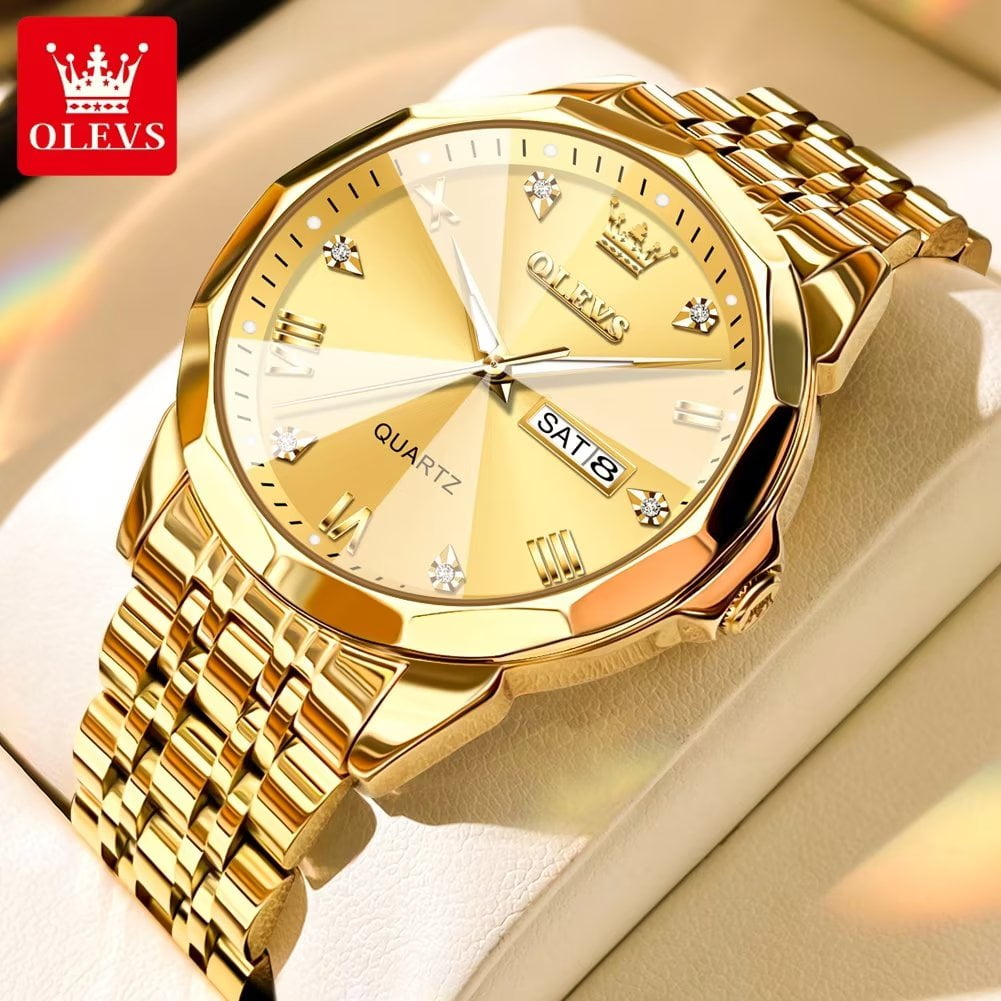 OLEVS Men's Luxury Gold Stainless Steel Watch with Calendar, Roman ...