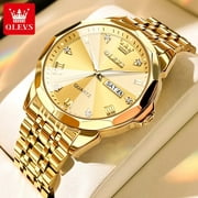 OLEVS Mens Gold Watches Luxury Gold Stainless Steel Band Watch For Men Big Gold Face Men Watches With Calendar Roman Numerals Quartz Mens Wrist Watches Men Classic Waterproof Watch