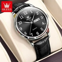 OLEVS Mens Leather Watches Classic Black Dial Watches For Men Analog Quartz Watches Men Black Leather Band Watches Day Date Watches For Men Waterproof Men's Watch Relojes Para Hombre Mens Simple Watch