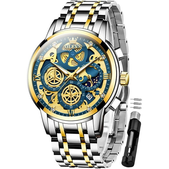 OLEVS Mens Watch Chronograph Luxury Diamond Dress Business Analog Quartz Wrist Watches Stainless Steel Waterproof Luminous Moon Phase