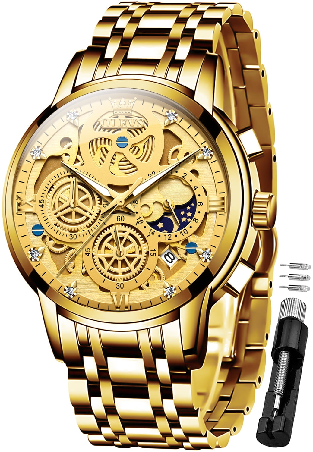 OLEVS Mens Watch Chronograph Luxury Diamond Dress Business Analog Quartz Wrist Watches Stainless Steel Waterproof Luminous Moon Phase Walmart