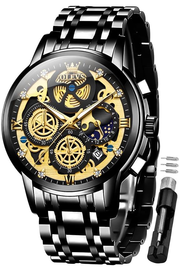 Mens Watch Chronograph Luxury Diamond Dress Business Analog Quartz Wrist Watches Stainless Steel Waterproof Luminous Moon Phase