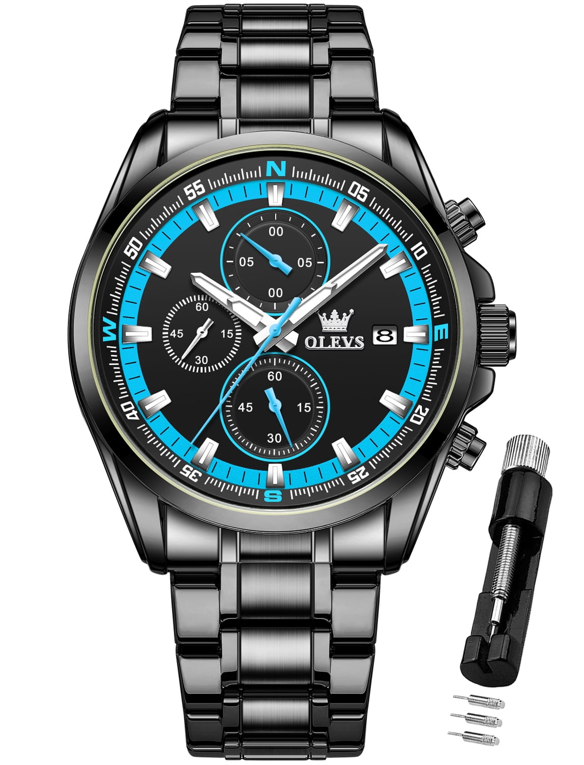 OLEVS Mens Watches,Big Dial Watches for Men Chronograph Stainless Steel Watch with Day Waterproof Analog Quartz Watches for Man Classic Business Wristwatch Luxury Luminous Reloj para Hombre