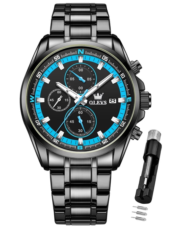 Mens Watches,Big Dial Watches for Men Chronograph Stainless Steel Watch with Day Waterproof Analog Quartz Watches for Man Classic Business Wristwatch Luxury Luminous Reloj para Hombre