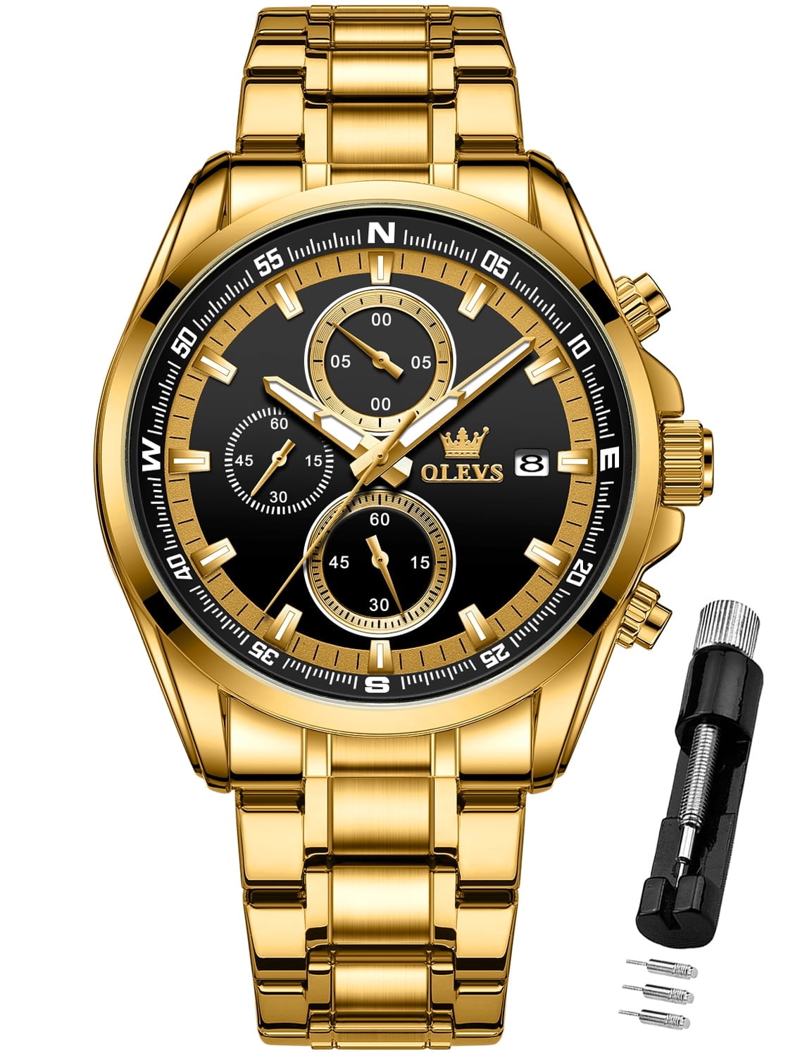 OLEVS Mens Watches,Big Dial Watches for Men Chronograph Stainless Steel Watch with Day Waterproof Analog Quartz Watches for Man Classic Business Wristwatch Luxury Luminous Reloj para Hombre