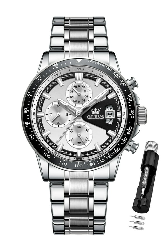 Mens Watches,Big Dial Watches for Men Chronograph Stainless Steel Watch with Day Waterproof Analog Quartz Watches for Man Classic Business Wristwatch Luxury Luminous Reloj para Hombre