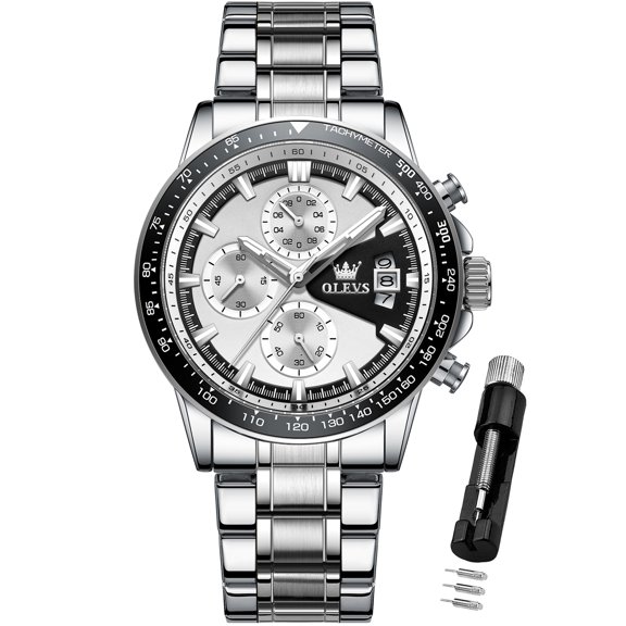 OLEVS Mens Watches,Big Dial Watches for Men Chronograph Stainless Steel Watch with Day Waterproof Analog Quartz Watches for Man Classic Business Wristwatch Luxury Luminous Reloj para Hombre