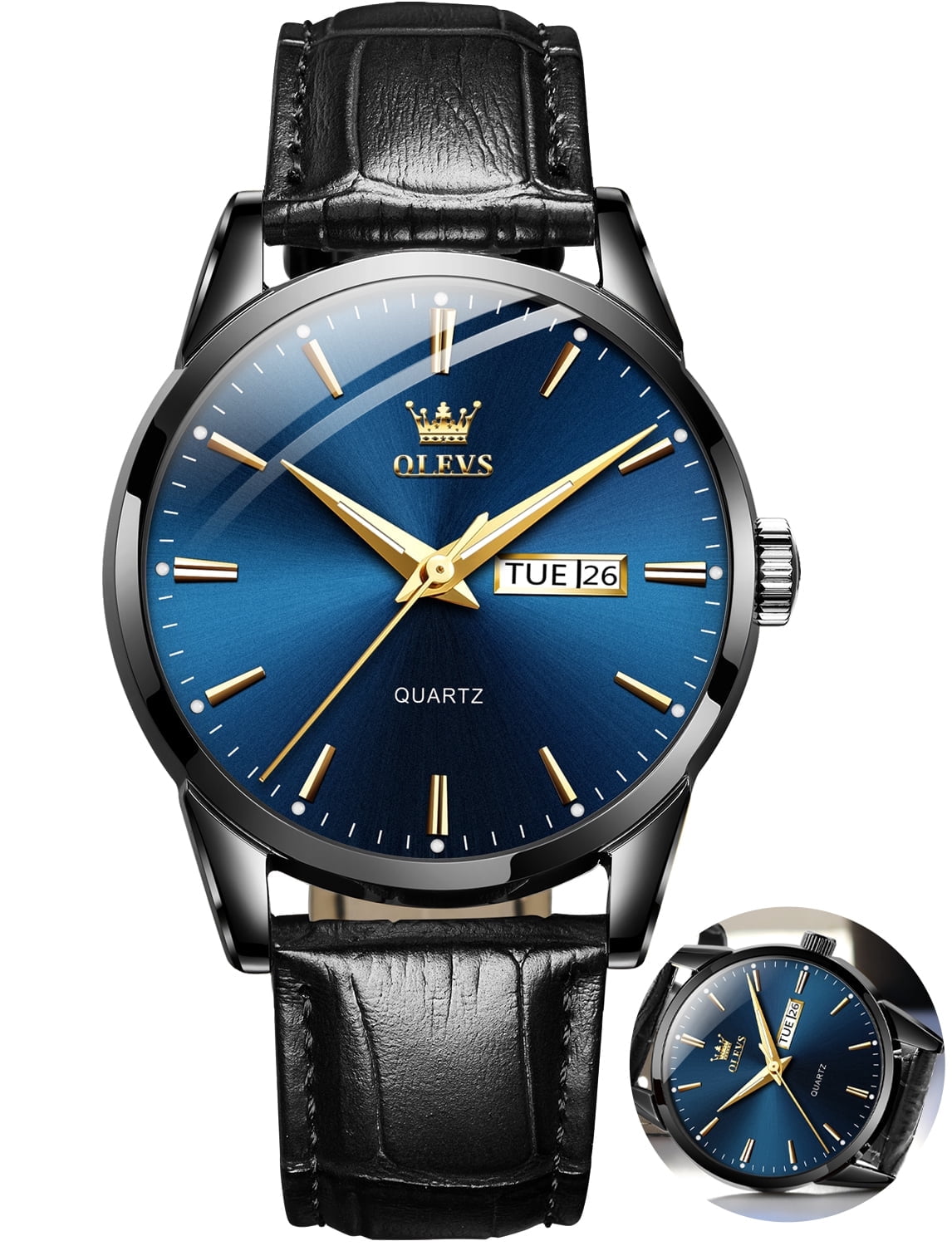 OLEVS Mens Watches,Black Leather Watch for Men,Analog Quartz Fashion Business Dress Watch Luminous Waterproof Casual Male Wrist Watches Reloj para Hombre Blue Dial
