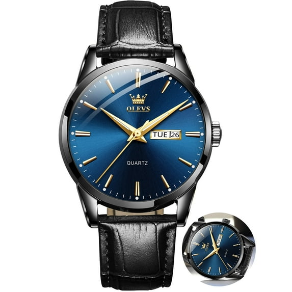 OLEVS Mens Watches,Black Leather Watch for Men,Analog Quartz Fashion Business Dress Watch Luminous Waterproof Casual Male Wrist Watches Reloj para Hombre Blue Dial