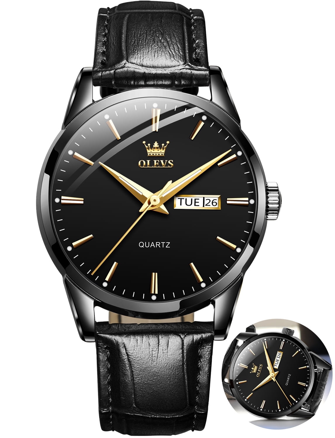 OLEVS Mens Watches,Black Leather Watch for Men,Black Analog Quartz Fashion  Business Dress Watch Luminous Waterproof Casual Male Wrist Watches Reloj  para Hombre