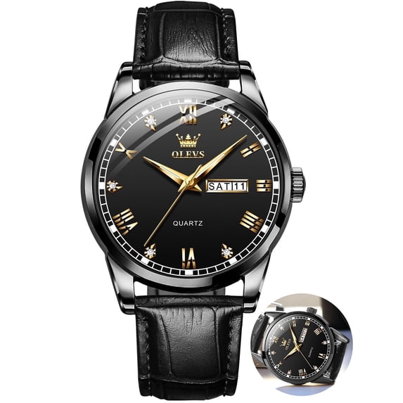 OLEVS Mens Watches,Black Leather Watch for Men,Gold Plated Case Analog Quartz Fashion Business Dress Watch Luminous Waterproof Casual Male Wrist Watches Reloj para Hombre