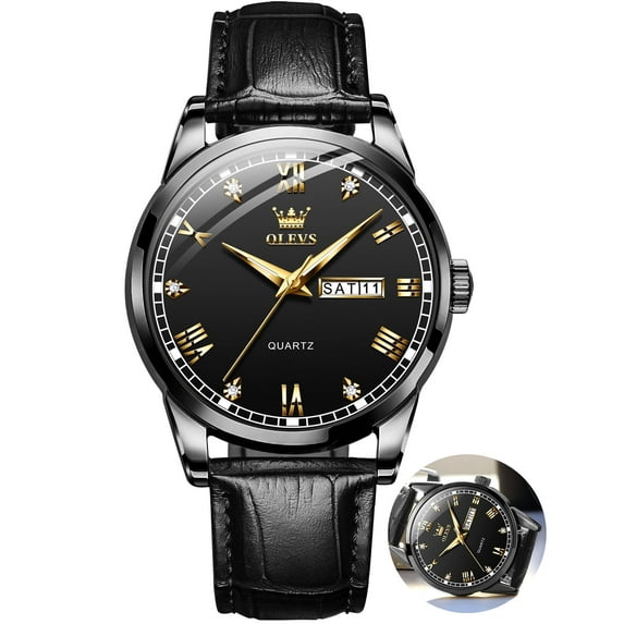OLEVS Mens Watches,Black Leather Watch for Men,Gold Plated Case Analog Quartz Fashion Business Dress Watch Luminous Waterproof Casual Male Wrist Watches Reloj para Hombre