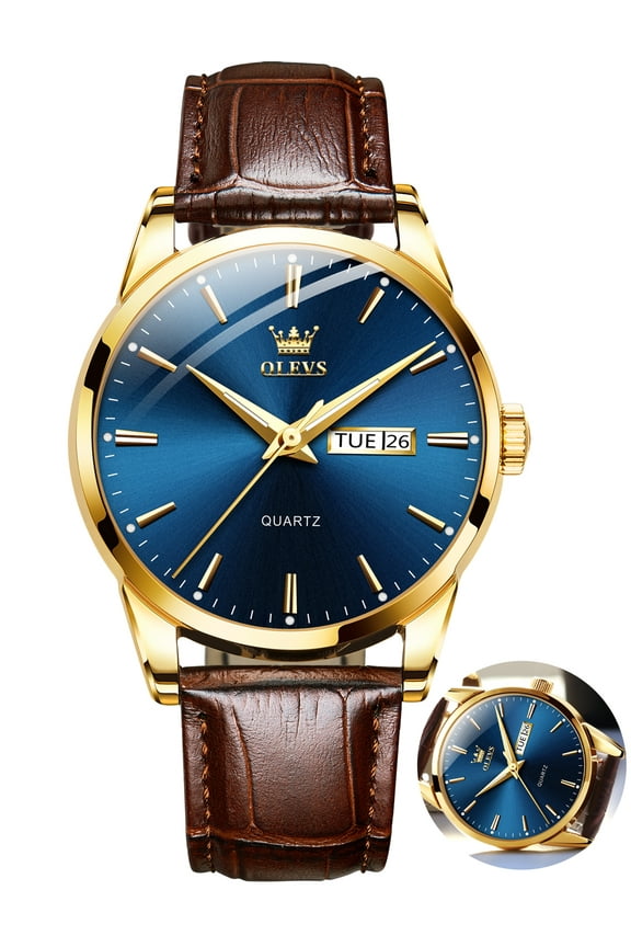 Mens Watches,Brown Leather Watch for Men,Gold Case Analog Quartz Fashion Business Dress Watch Day Date Luminous Waterproof Casual Male Wrist Watches Reloj para Hombre