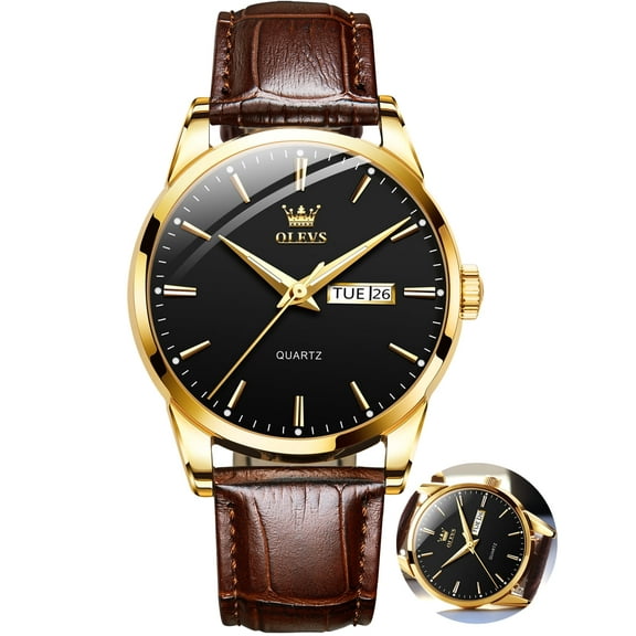 OLEVS Mens Watches,Brown Leather Watch for Men,Gold Plated Case Analog Quartz Fashion Business Dress Watch Luminous Waterproof Casual Male Wrist Watches Reloj para Hombre