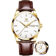 OLEVS Mens Watches,Brown Leather Watch for Men,Gold Plated Case Analog Quartz Fashion Business Dress Watch Luminous Waterproof Casual Male Wrist Watches Reloj para Hombre