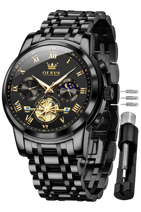 Mens Watches Chronograph Business Dress Quartz Stainless Steel Waterproof Luminous Date Wrist Watch For Men Black Dial