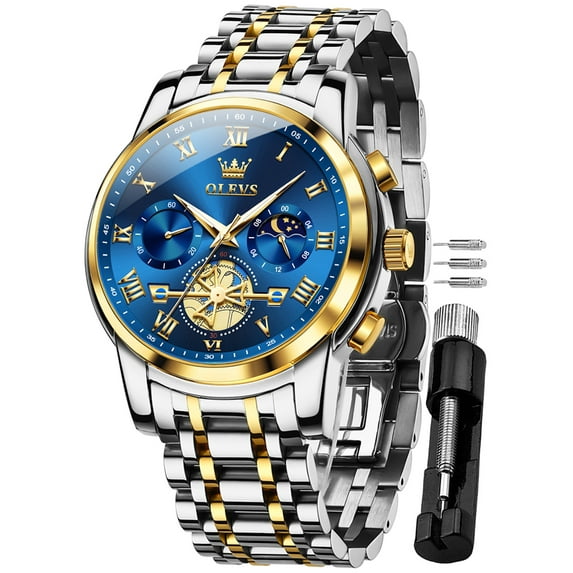 OLEVS Mens Watches Chronograph Business Dress Quartz Stainless Steel Waterproof Luminous Date Wrist Watch For Men Blue Dial