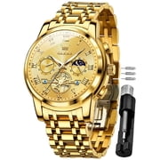 OLEVS Mens Watches Chronograph Business Dress Quartz Stainless Steel Waterproof Luminous Date Wrist Watch For Men plated golden Dial