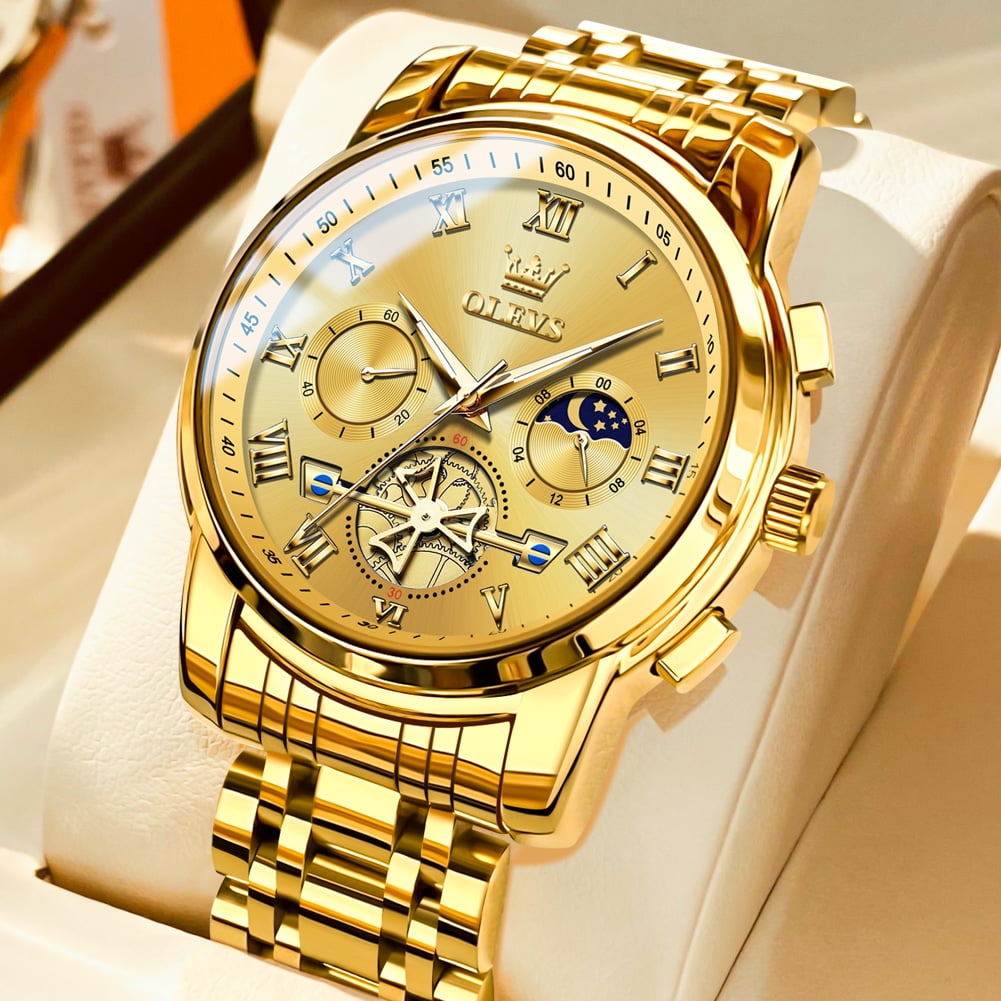 OLEVS Mens Watches Chronograph Business Dress Quartz Stainless Steel Waterproof Luminous Date Wrist Watch For Men Gold Dial Walmart