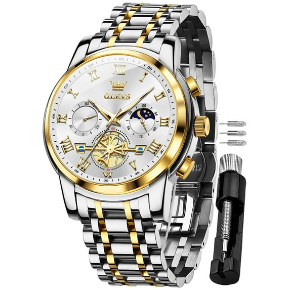 OLEVS Mens Watches Chronograph Business Dress Quartz Stainless Steel Waterproof Luminous Date Wrist Watch For Men White Dial