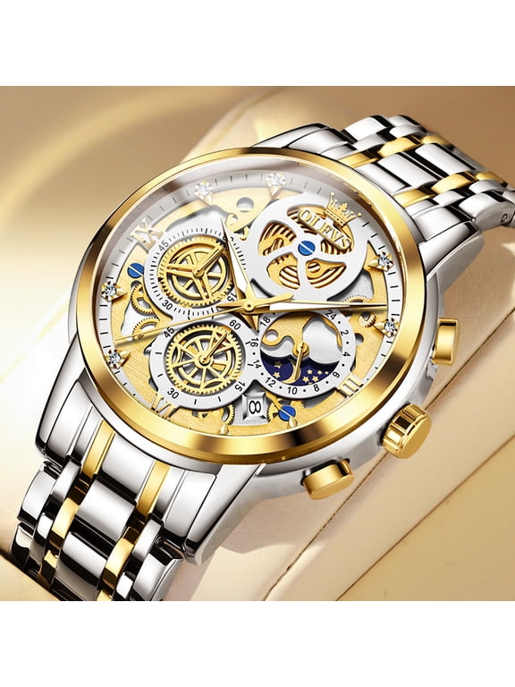 Watches for Men Business Dress Luxury Analog Quartz Chronograph Two Tone Gold Plated Stainless Steel Waterproof Luminous Date Casual Mens Wrist Watches Reloj Para Hombre