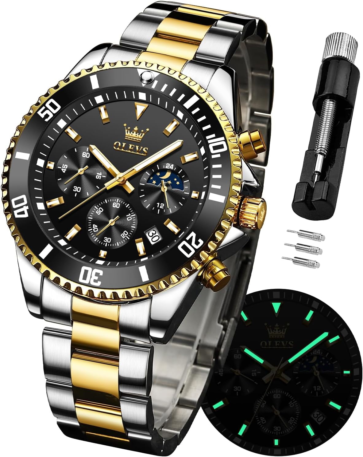 OLEVS Luxury Dress Watch Stainless Steel Waterproof Luminous Chronograph Moon Phase Black Dial Walmart