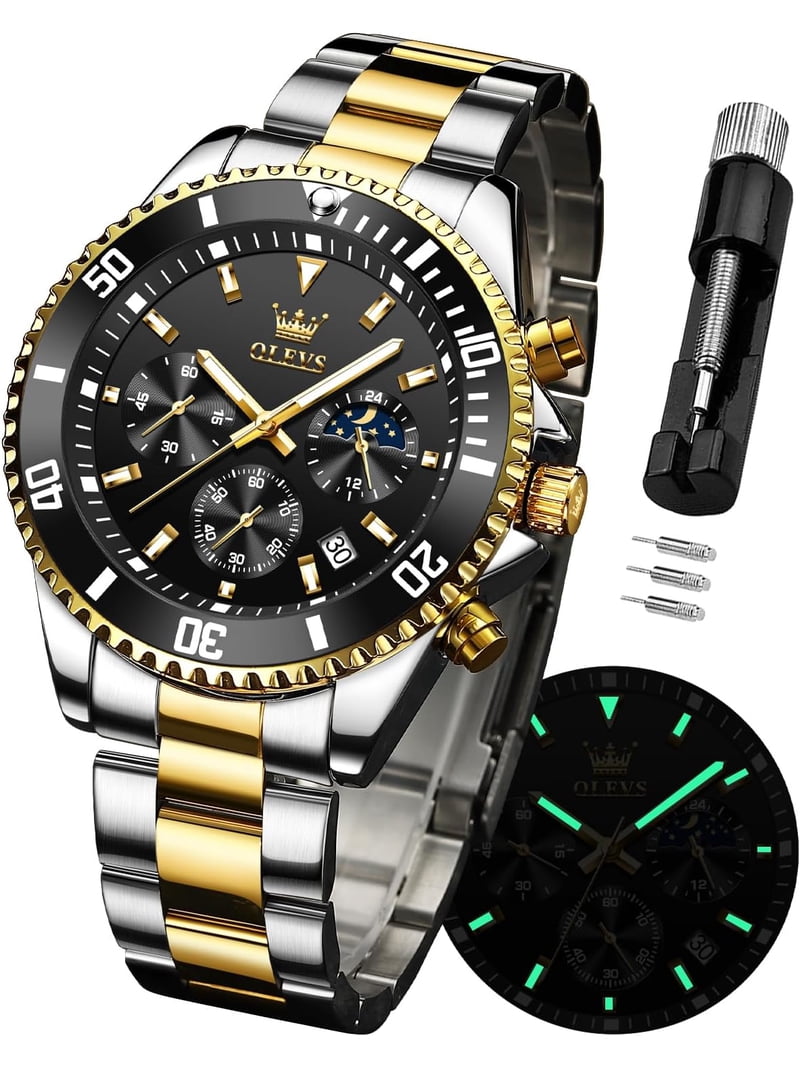 OLEVS Mens Watch Chronograph 35mm Black Face And Silver And Gold Band Amazon.com: OLEVS Watch Men Black Watches for Men  main image 3