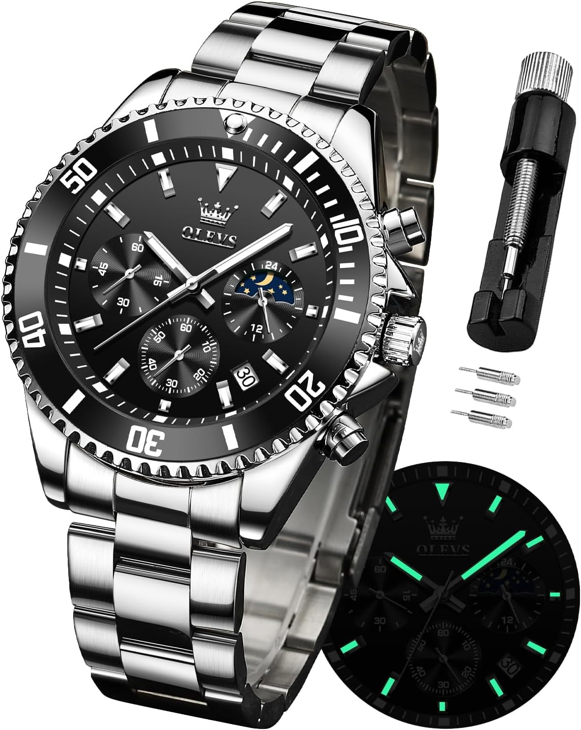 OLEVS Mens Watches Chronograph Luxury Dress Moon Phase Quartz Stainless Steel Waterproof Luminous Business Calendar Wrist Watch Black Dial