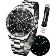 OLEVS Mens Watches Chronograph Luxury Dress Moon Phase Quartz Stainless Steel Waterproof Luminous Business Calendar Wrist Watch Black Dial
