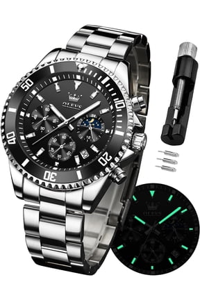 Mens Watches Chronograph Luxury Dress Moon Phase Quartz Stainless Steel Waterproof Luminous Business Calendar Wrist Watch Black Dial