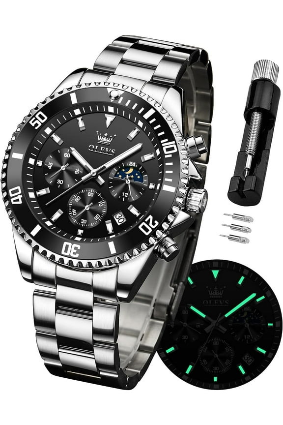Mens Watches Chronograph Luxury Dress Moon Phase Quartz Stainless Steel Waterproof Luminous Business Calendar Wrist Watch Black Dial
