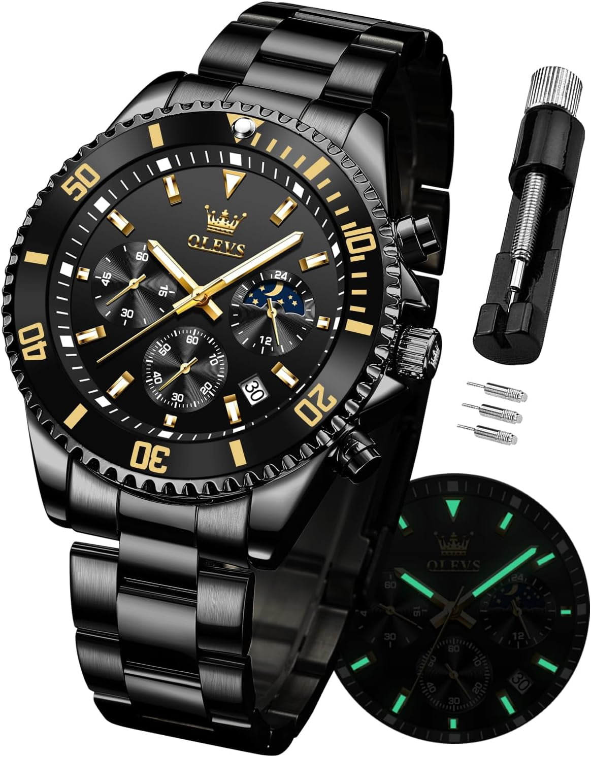 OLEVS Mens Watches Chronograph Moon Phase Waterproof Stainless
