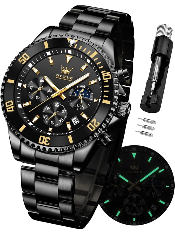 Mens Watches Chronograph Luxury Dress Moon Phase Quartz Stainless Steel Waterproof Luminous Business Calendar Wrist Watch Black Dial