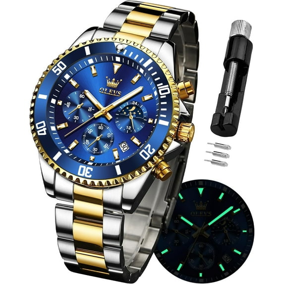 OLEVS Mens Watches Chronograph Luxury Dress Moon Phase Quartz Stainless Steel Waterproof Luminous Business Calendar Wrist Watch Blue Dial