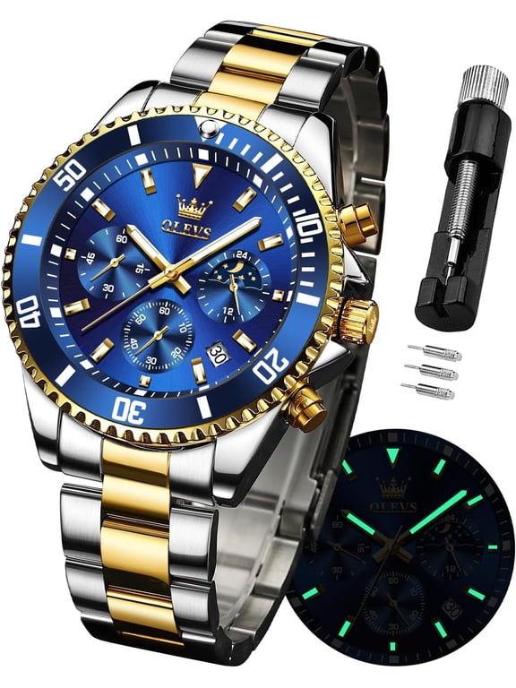 Mens Watches Chronograph Luxury Dress Moon Phase Quartz Stainless Steel Waterproof Luminous Business Calendar Wrist Watch Blue Dial