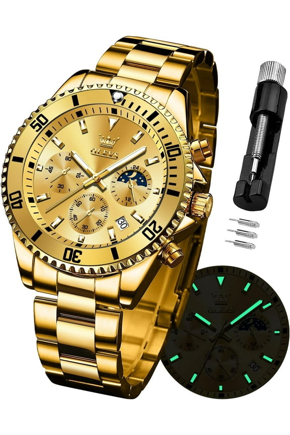 Mens Watches Chronograph Luxury Dress Moon Phase Quartz Stainless Steel Waterproof Luminous Business Calendar Wrist Watch Gold Dial