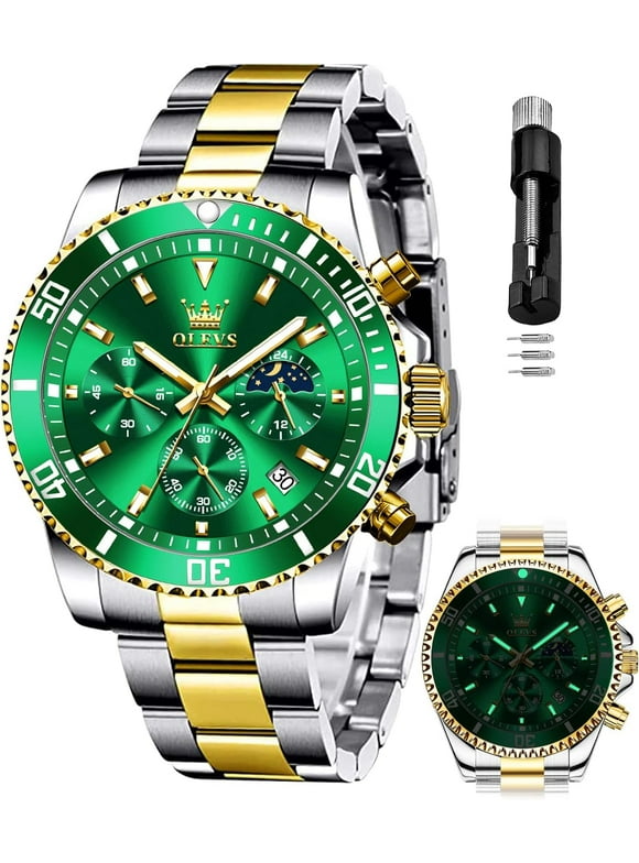 OLEVS Mens Watches Chronograph Luxury Dress Moon Phase Quartz Stainless Steel Waterproof Luminous Business Calendar Wrist Watch Green Dial