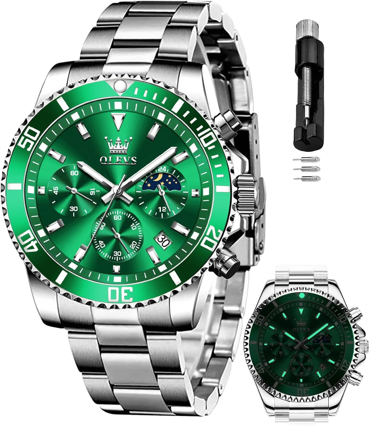 OLEVS Mens Watches Chronograph Luxury Dress Moon Phase Quartz Stainless