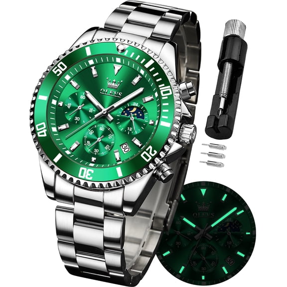 OLEVS Mens Watches Chronograph Luxury Dress Moon Phase Quartz Stainless Steel Waterproof Luminous Business Calendar Wrist Watch Green Dial