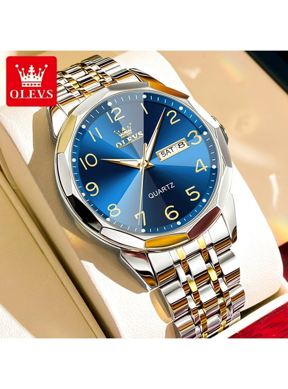 OLEVS Mens Watches Gold Sliver Stainless Steel Watch Blue Face Watches With Day Date Analog Quartz Waterproof Watches For Men Fashion Two Tone Watch Men Business Luminous Wrist Watches