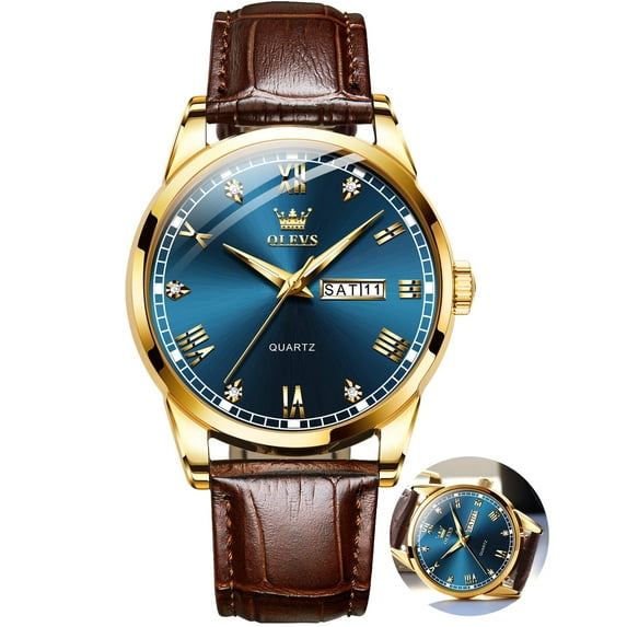 OLEVS Mens Watches,Leather Watch for Men,Gold Plated Case Analog Quartz Fashion Business Dress Watch Luminous Waterproof Casual Male Wrist Watches Reloj para Hombre