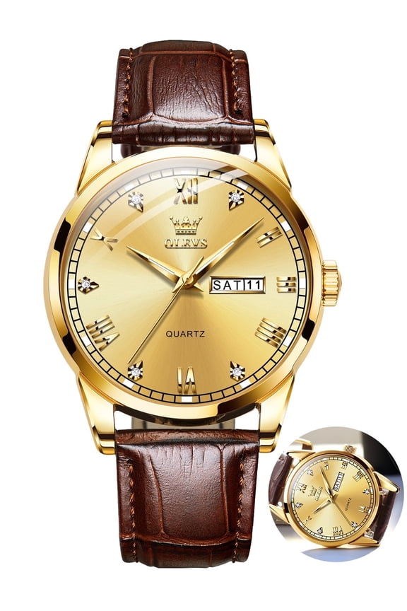 Mens Watches,Leather Watch for Men,Gold Plated Case Analog Quartz Fashion Business Dress Watch Luminous Waterproof Casual Male Wrist Watches Reloj para Hombre