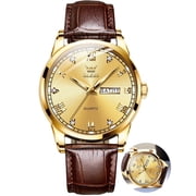 OLEVS Mens Watches,Leather Watch for Men,Gold Plated Case Analog Quartz Fashion Business Dress Watch Luminous Waterproof Casual Male Wrist Watches Reloj para Hombre