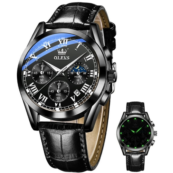 OLEVS Mens Watches Luxury Chronograph Moon Phase Waterproof Luminous Black Leather Strap Date Classic Watch for Men