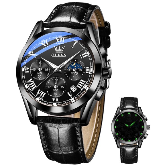OLEVS Mens Watches Luxury Chronograph Moon Phase Waterproof Luminous Black Leather Strap Date Classic Watch for Men