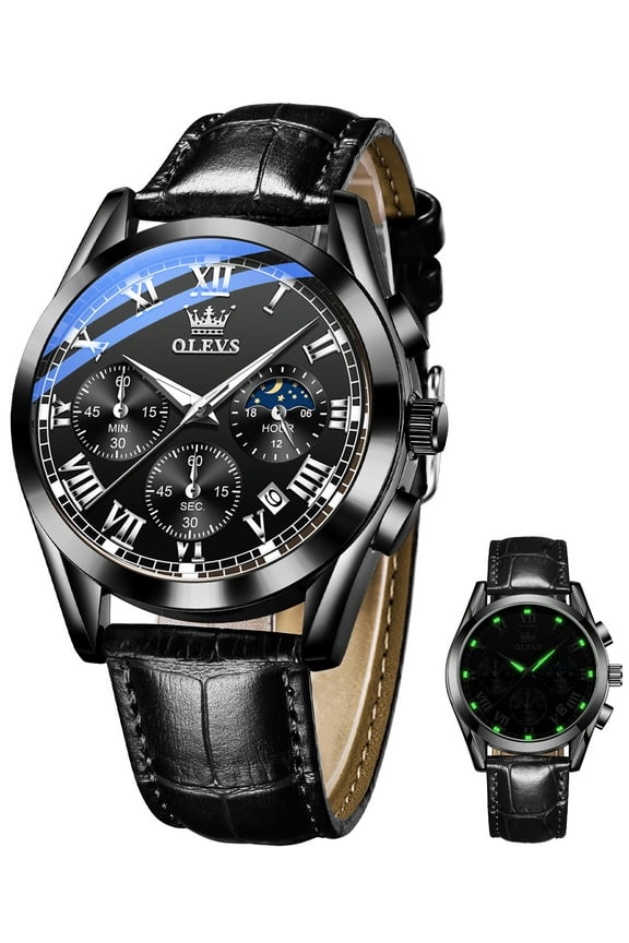Mens Watches Luxury Chronograph Moon Phase Waterproof Luminous Black Leather Strap Date Classic Watch for Men