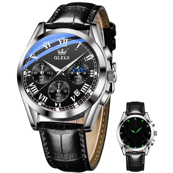 OLEVS Mens Watches Luxury Chronograph Moon Phase Waterproof Luminous Black Leather Strap Date Silver Classic Watch for Men
